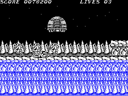 Contra (ZX Spectrum) screenshot: A cargo floater filled with soldiers.