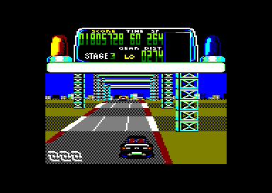 Chase H.Q. (Amstrad CPC) screenshot: Driving underneath some platforms