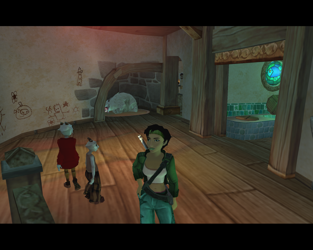 Beyond Good & Evil (Windows) screenshot: You start in Jade's orphanage. An endearing place, what with childrens' drawings on the walls and little anthropomorphic goats walking around...
