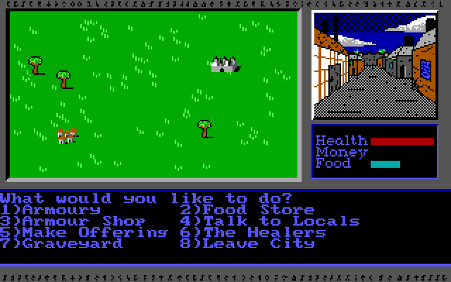 Vor Terra (DOS) screenshot: The city offers some alternatives: shopping, healers or priests, sightseeing or hearing some local gossip.