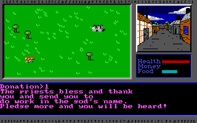 Vor Terra (DOS) screenshot: Greedy priests always wants more donations.