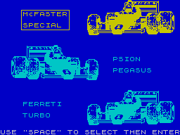 Chequered Flag (ZX Spectrum) screenshot: Car selection