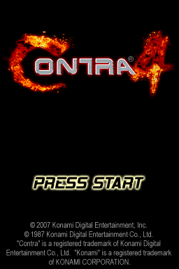 Contra 4 (Nintendo DS) screenshot: Title screen. With fire and FMV explosions.