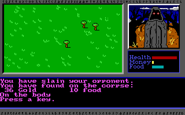 Vor Terra (DOS) screenshot: I won the fight, and rifle though the corpse's possessions: some money and food. I didn't expect these guys to eat, or buy things for money?