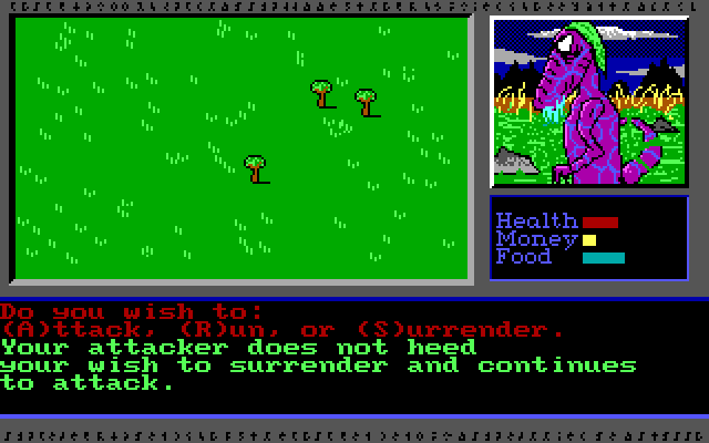Vor Terra (DOS) screenshot: The Dino guy was more than my match, and it won't let me surrender. It also blocks my attempt to run away.