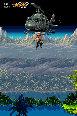 Contra 4 (Nintendo DS) screenshot: The hero is delivered via helicopter.