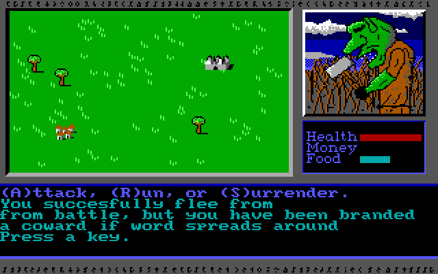 Vor Terra (DOS) screenshot: Running away affects my reputation, it seems.