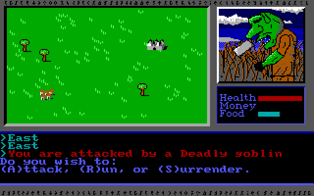 Vor Terra (DOS) screenshot: This is less luck, a random encounter with a goblin. I'm unsure of my weaponry, so I choose to avoid the fight.