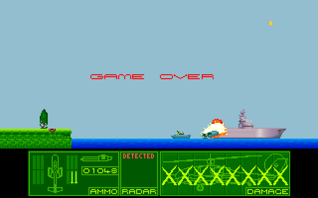Airstrike (DOS) screenshot: Circling my carrier were two enemy gunboats, and they got me before I could land.
