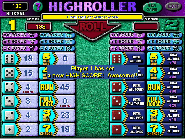 High Roller (Windows) screenshot: The end of a game<br> The game records and remembers the high score but does not record the player's name