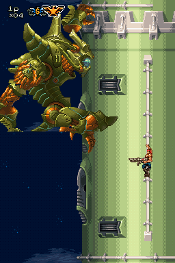 Contra 4 (Nintendo DS) screenshot: This boss might initially appear tough, but once you figure out his pattern - he's a pushover. Just don't get greedy.