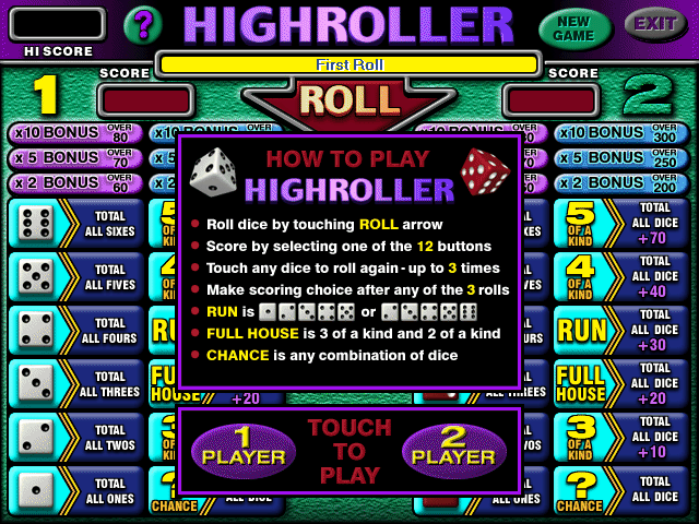 High Roller (Windows) screenshot: The game loads and displays a help screen. <br>It will not continue until number of players has been selected