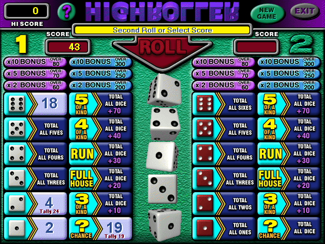 High Roller (Windows) screenshot: A game in progress. <br>On the first roll the dice tumble down from beneath the ROLL button, on the second roll they rotate in situ