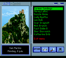 Where in the World is Carmen Sandiego? (Enhanced) (SNES) screenshot: A list of dossiers