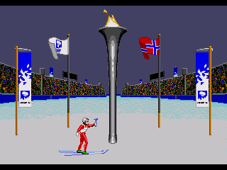 Winter Olympics: Lillehammer '94 (Genesis) screenshot: Opening ceremony (and yes, it really was a ski jumper to lit the Olympic flame)