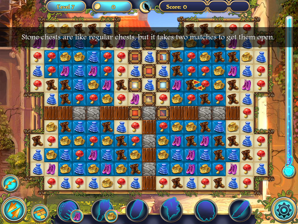 Magic Heroes: Save Our Park (iPad) screenshot: Level 7 has stone chests over some of the wooden chests