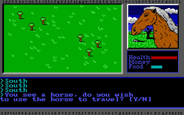 Vor Terra (DOS) screenshot: You can buy, or even find horses to travel faster. But they need food, and can die if you run out.