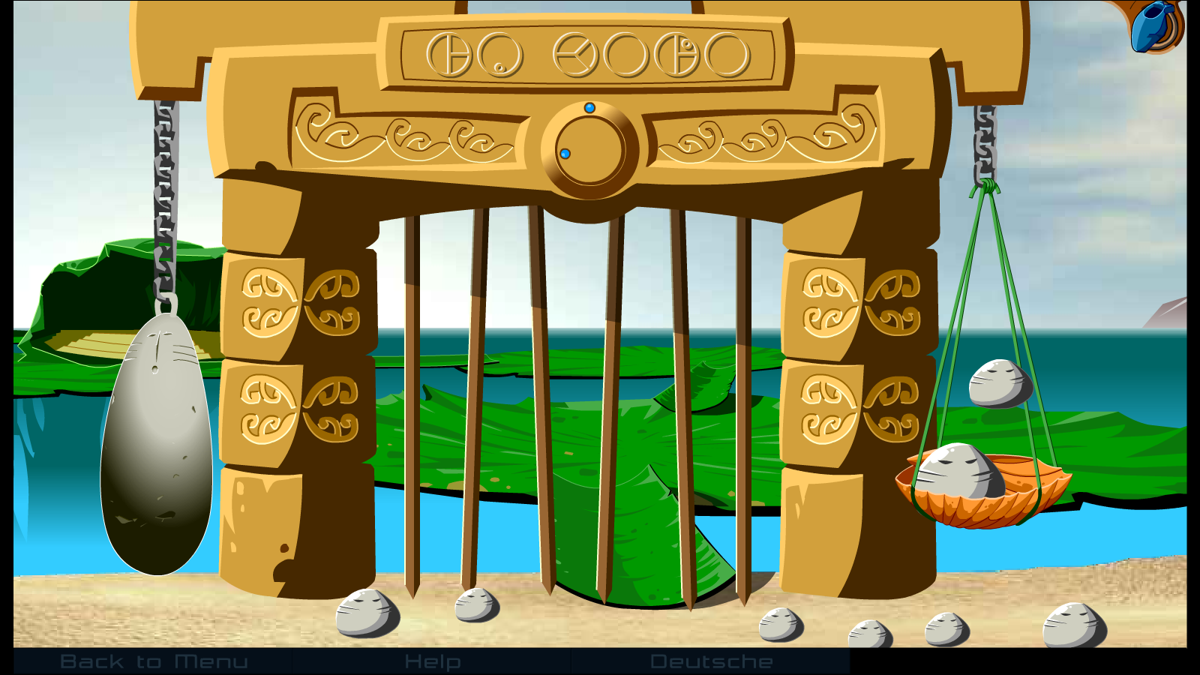 Mata Nui Adventure Game (Windows) screenshot: Maku lends you her boat to help save her village, but first, you must get through the village gate by solving this puzzle, which involves balancing weights.