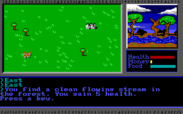 Vor Terra (DOS) screenshot: Sometimes your randomly encounter a stream, and gain some health.