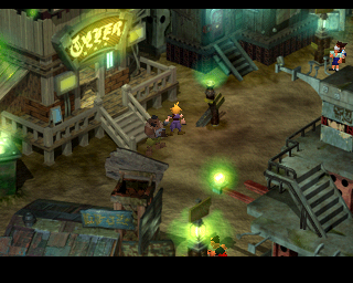 Final Fantasy VII (PlayStation) screenshot: Typical Midgar district. The city oozes atmosphere