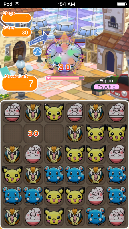 Pokémon Shuffle (iPhone) screenshot: Attacking Espurr.