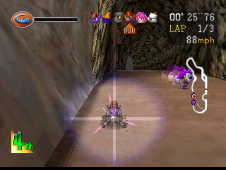 Chocobo Racing (PlayStation) screenshot: Goblin can use the Mug ability to yoink the magic stones from other players.