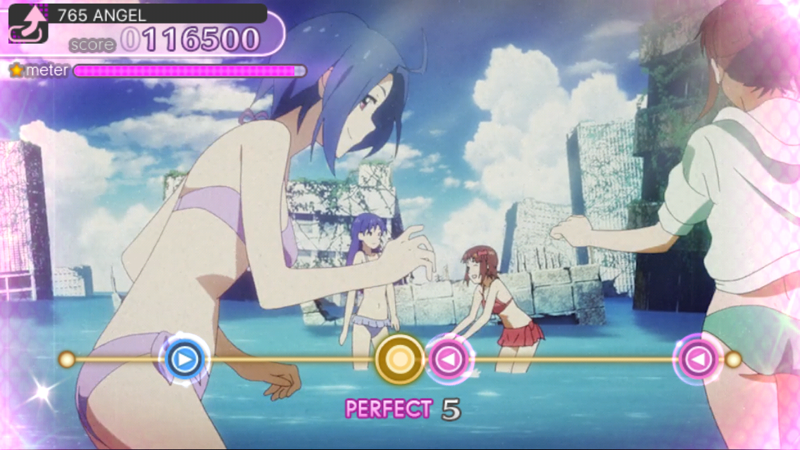 The iDOLM@STER: Shiny Festa - Harmonic Score (iPhone) screenshot: Got a "Perfect"...and a rather interesting view.