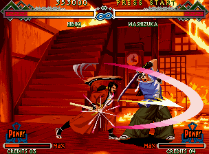 The Last Blade 2 (Neo Geo) screenshot: Hibiki uses her Toumanite Kirunari against Washizuka, stopping his offensive.