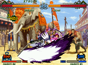 The Last Blade 2 (Neo Geo) screenshot: Setsuna slashes Akari Ichijo with his dark-raging Mumei-San.