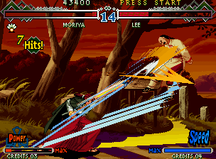 The Last Blade 2 (Neo Geo) screenshot: Moriya's DM Kassatsu Izayoi Gekka does a true slashing damage in Lee: non-stop action!
