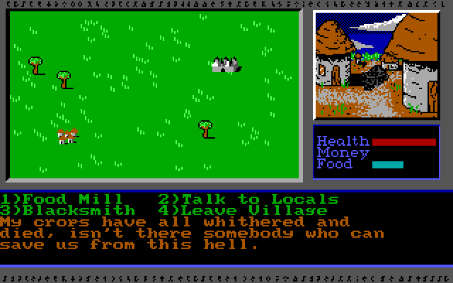 Vor Terra (DOS) screenshot: The villagers are having a hard time, it seems. Not the best time to be a farmer, so I'd better go on the adventuring path again. Heading due North to the next map screen.