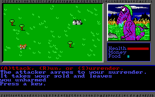 Vor Terra (DOS) screenshot: If you succeed in surrendering, your attacker takes your money, and leaves.