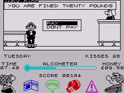 Andy Capp (ZX Spectrum) screenshot: You are up in court for fighting and must decide whether to pay the fine or not