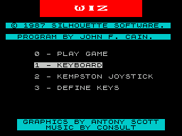 Wiz (ZX Spectrum) screenshot: Main menu