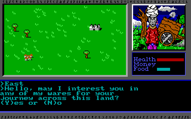 Vor Terra (DOS) screenshot: A random encounter on the plains; a traveling salesman. He sells Bows&Arrows, Chain mail, a Mace, a Shield, and a Horse. I have too little money this early in the game to buy anything.