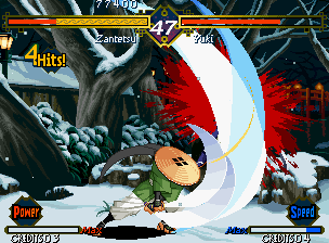 The Last Blade (Neo Geo) screenshot: Zantetsu hits Yuki with the DM Toro Soujin: the final result of his super move is some bloody too...
