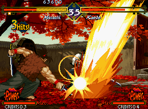 The Last Blade (Neo Geo) screenshot: Stabbing his sword in the ground, Musashi launches his Kanketsu Sen in Kaede: immediate impact!