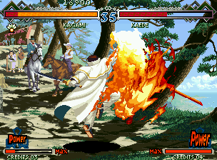 The Last Blade 2 (Neo Geo) screenshot: Kagami Shinnosuke executing his Sho Oko; he is now a normal playable character.