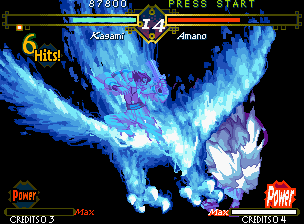 The Last Blade (Neo Geo) screenshot: Beware: Hyper Kagami's SDM Konpeki no Mokin is a powerful non-stop diving attack!