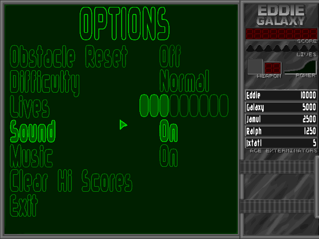 Intergalactic Exterminator (Windows) screenshot: The game configuration options.<br><br>Demo Version