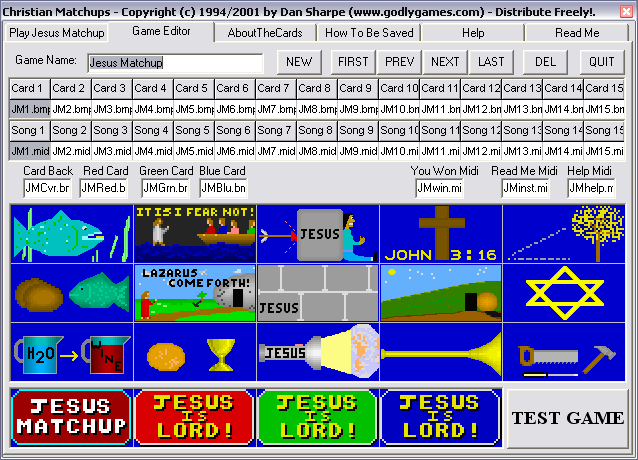 Christian Matchups (Windows) screenshot: The game editor lets you make your own Concentration game; letting you change the music and card images and title of it
