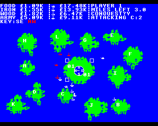 Islandia (BBC Micro) screenshot: Attempting a conquest on island C