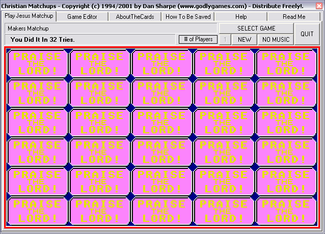 Christian Matchups (Windows) screenshot: Winning the game shows you the number of tries