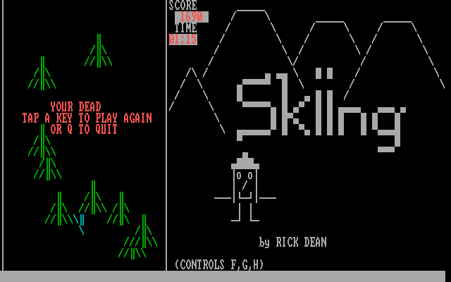 Skiing (DOS) screenshot: Met a branch face-first. Look ma, no head!