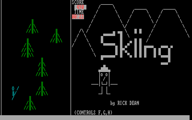 Skiing (DOS) screenshot: ...but soon the trees get more densely packed.