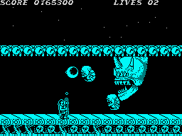 Contra (ZX Spectrum) screenshot: This ugly guardian (any resemblance to <i>Alien</i> is merely coincidental) defends the core of the Extraterrestrial entity.