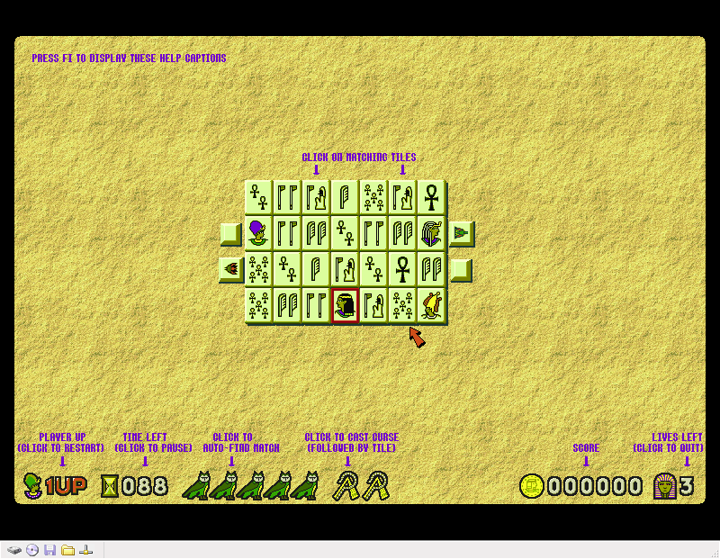 RahJongg: The Curse of Ra (Windows) screenshot: When the first level starts the icons are explained. The outer left & right tiles are part of the tomb and are not removable