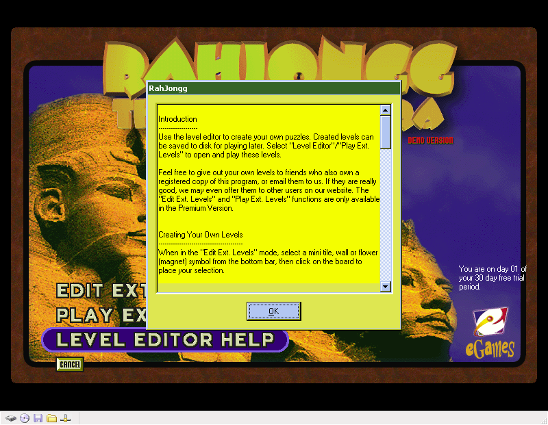 RahJongg: The Curse of Ra (Windows) screenshot: The help screen for the level editor<br>Unfortunately this is not available in the demo version