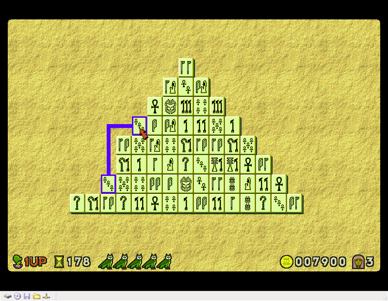 RahJongg: The Curse of Ra (Windows) screenshot: Playing level two<br> This shows the player has successfully matched two tiles, they will shortly be removed