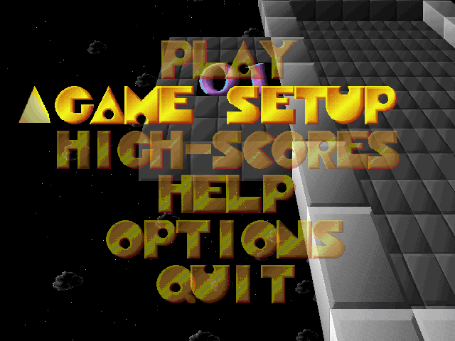 Galaxy of 3D TetriMania (Windows) screenshot: The game menu is super imposed over a rolling demo version of the game that runs in the background